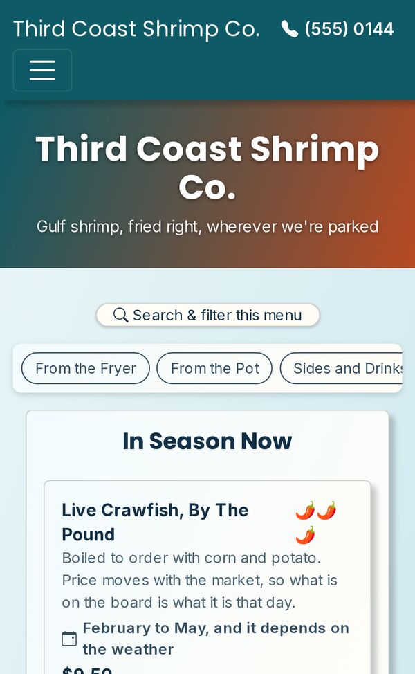 The demo truck's menu on a phone, with the dishes in season at the top