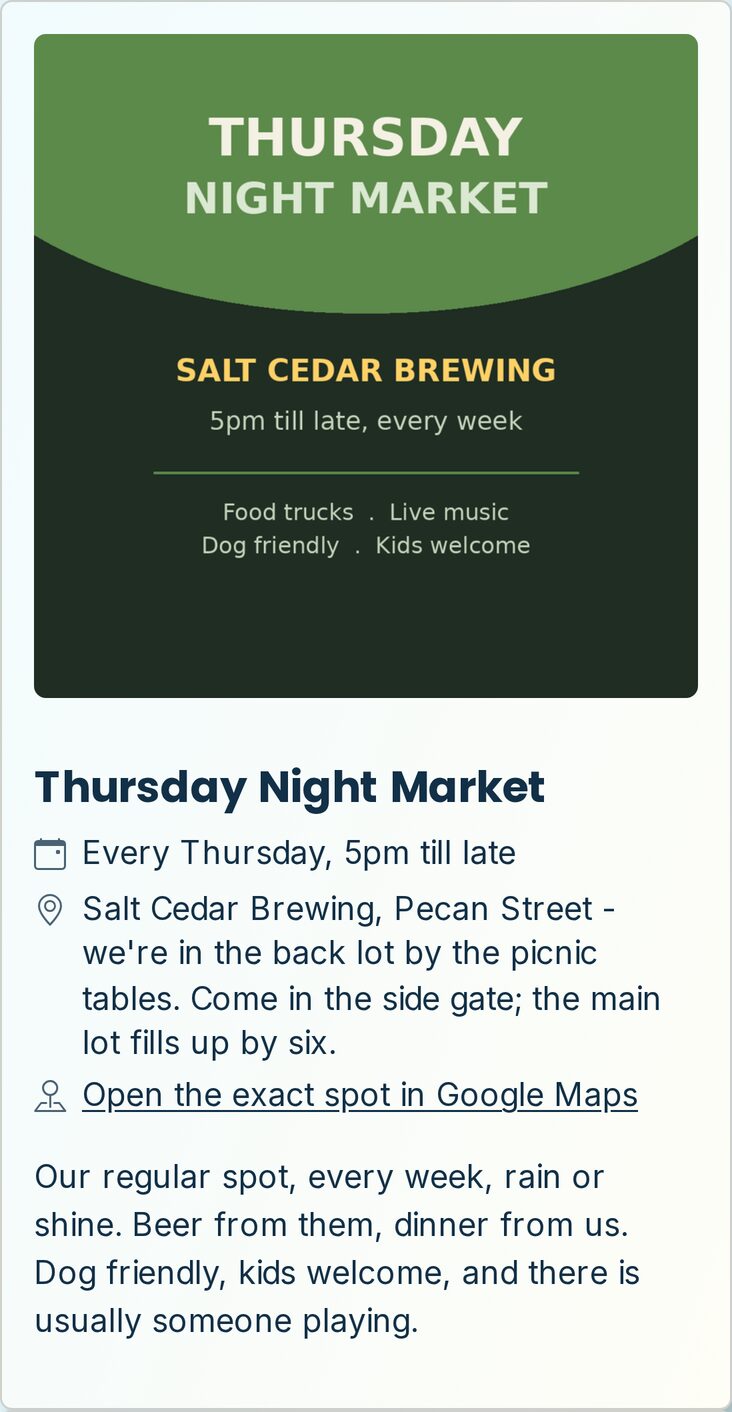 An event on the demo truck's site: Thursday Night Market, every Thursday from 5pm, with directions to the back lot and a link to the exact spot in Google Maps